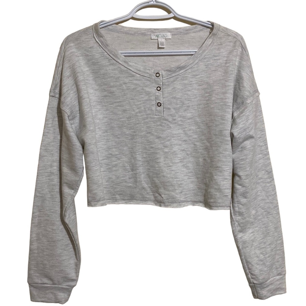 Abound Cropped Henley Womens S Solid Heather Gray Round Neck Long Sleeve Knit